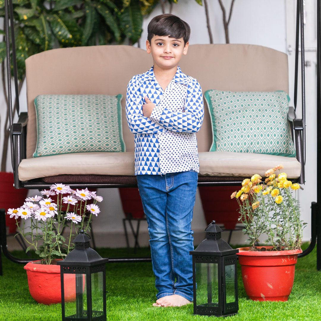 Blue & White Cotton Block Print Full Sleeves Shirt For Boys