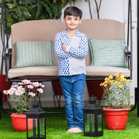 Thumbnail for Blue & White Cotton Block Print Full Sleeves Shirt For Boys