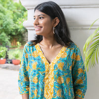 Thumbnail for Blue Floral Hand Block Printed Night Suit - thesaffronsaga
