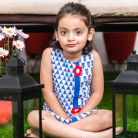 Thumbnail for Blue Cotton Block Print Sleevless Dress With Appliqué Red Flowers For Girl's