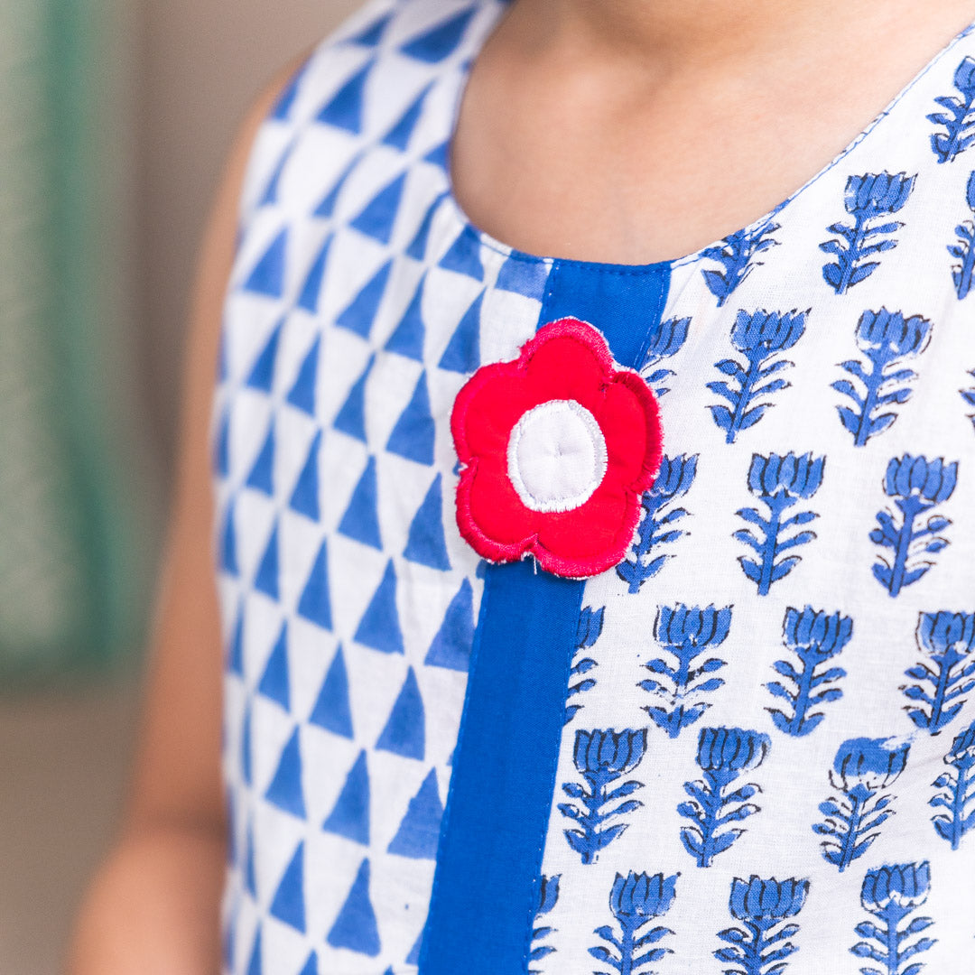 Blue Cotton Block Print Sleevless Dress With Appliqué Red Flowers For Girl's