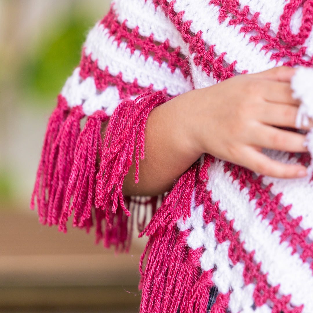 Burgundy & White Hand-Knitted Soft Woollen Poncho For Girls