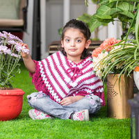 Thumbnail for Burgundy & White Hand-Knitted Soft Woollen Poncho For Girls