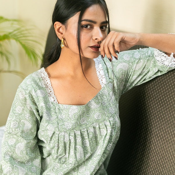 Grey Green Block Print Lounge Set - thesaffronsaga