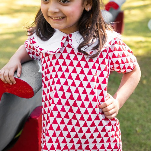 Red White Block Printed Cotton Short A line Tunic Dress with Collar For Girls