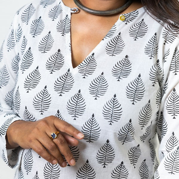 White And Black Two Piece Cotton Block Print Top And Sharara Monochrome Co-Ord Set For Women