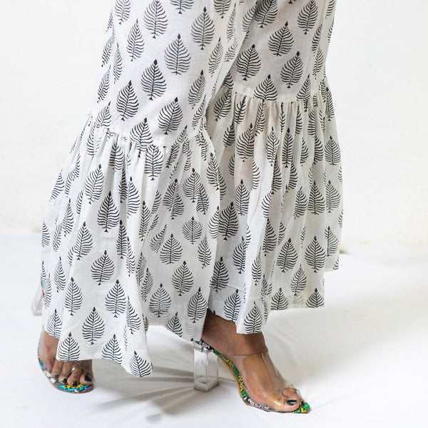 White And Black Two Piece Cotton Block Print Top And Sharara Monochrome Co-Ord Set For Women