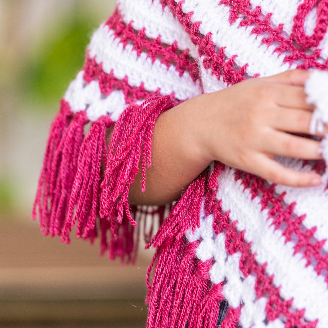 Infant's Burgundy & White hand-Knitted Woollen Poncho For Girl's