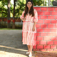Thumbnail for Red & White Cotton Shibori, Tiered Dress for Women