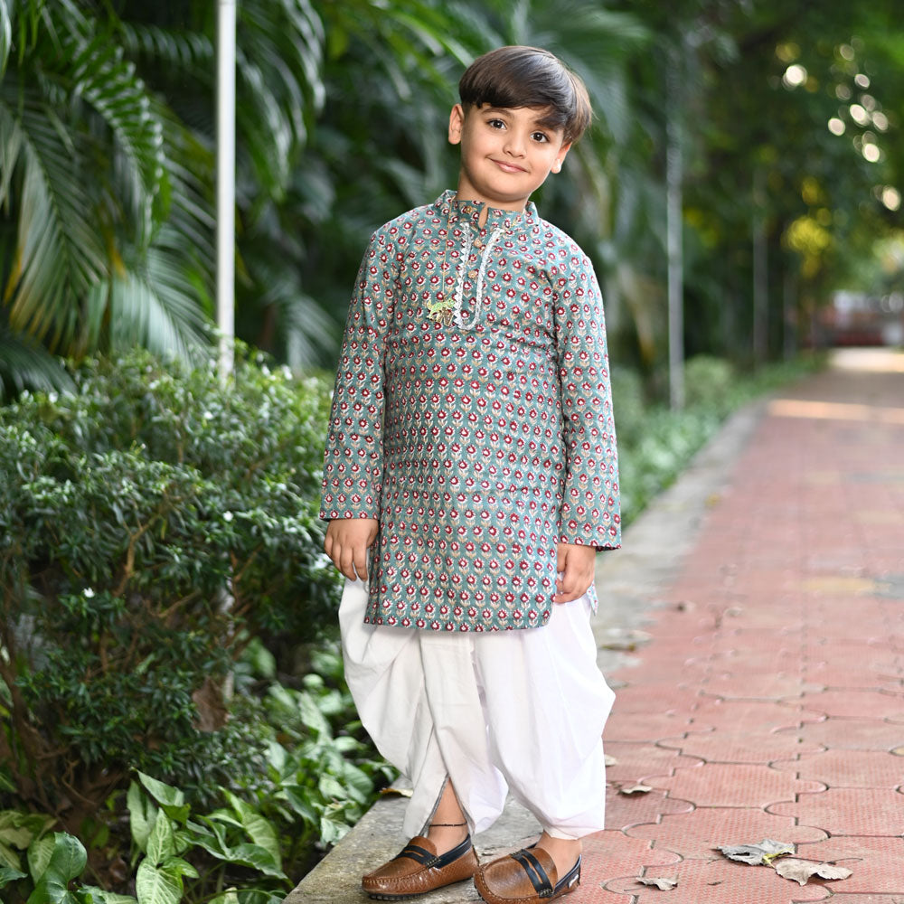 Teal Floral Cotton Block Print Traditional Kurta Dhoti Set For Boys