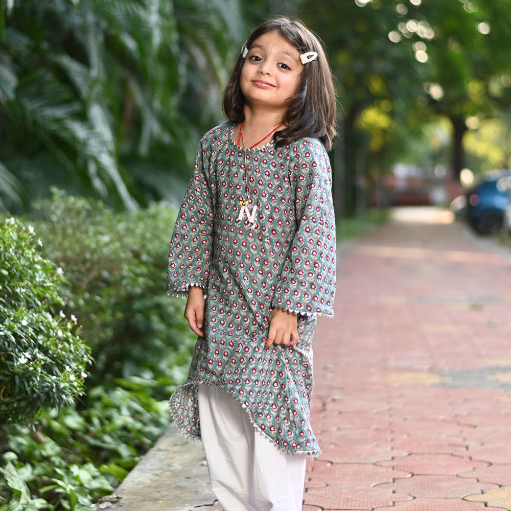 Teal Cotton Block Print Floral Kurta Salwar Set For Girls