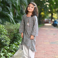 Thumbnail for Teal Cotton Block Print Floral Kurta Salwar Set For Girls