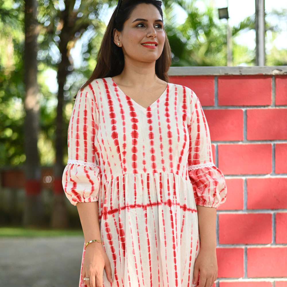 Red & White Cotton Shibori, Tiered Dress for Women