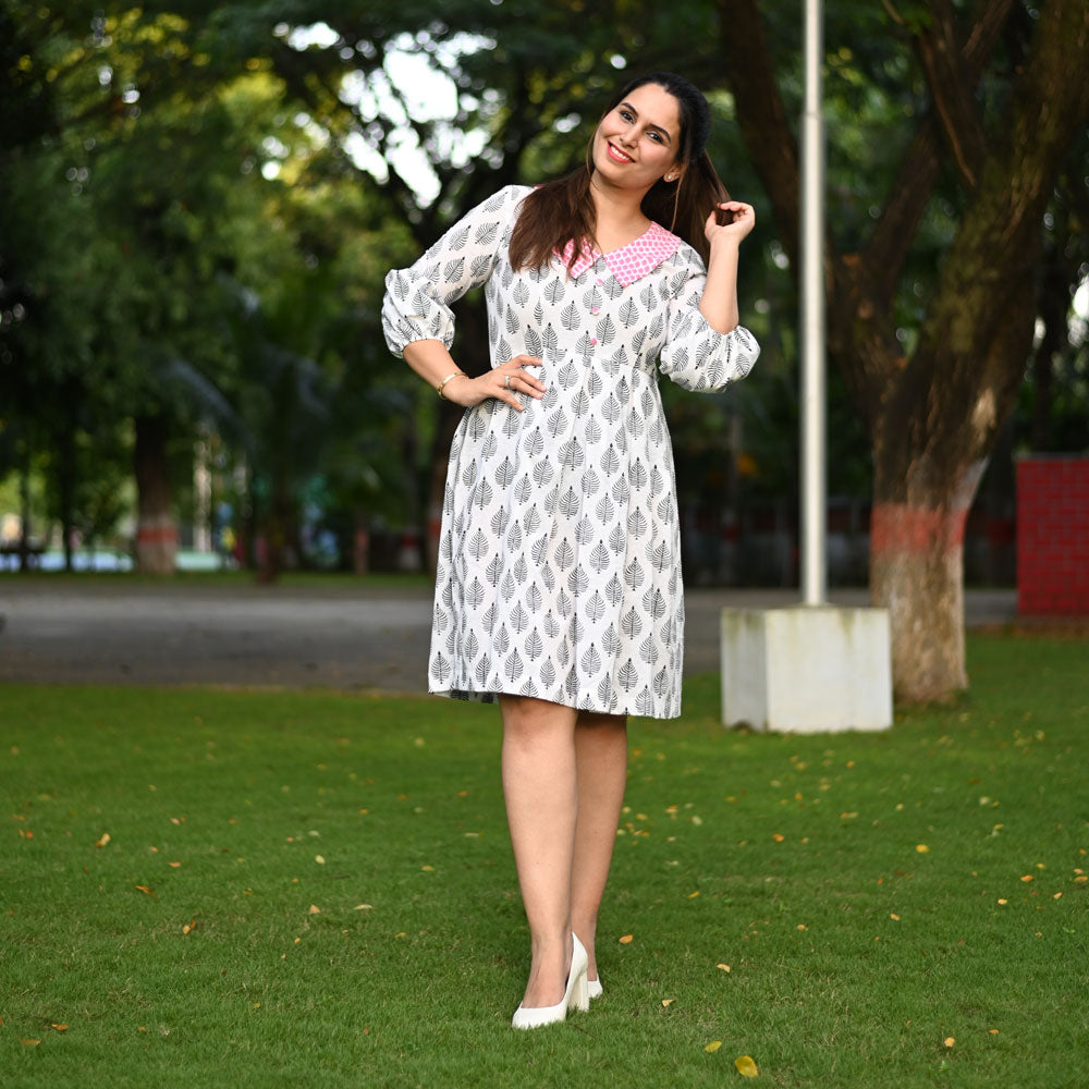 White & Pink Block Printed Dress For Women