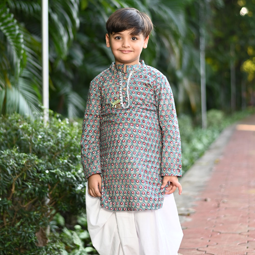 Teal Floral Cotton Block Print Traditional Kurta Dhoti Set For Boys