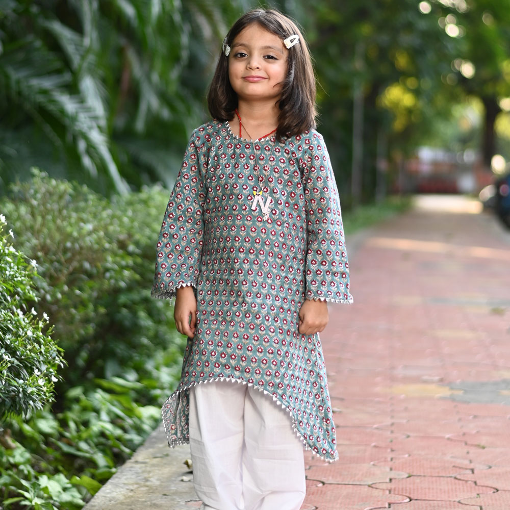 Teal Cotton Block Print Floral Kurta Salwar Set For Girls