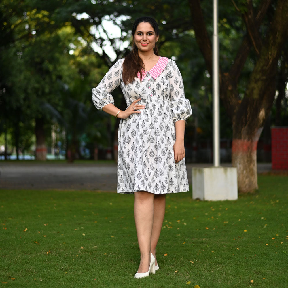 White & Pink Block Printed Dress For Women