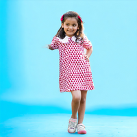 Thumbnail for Red White Block Printed Cotton Short A line Tunic Dress with Collar For Girls