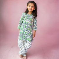 Thumbnail for Two Piece Cotton Block Print Green White Dhoti kurta Set For Girls