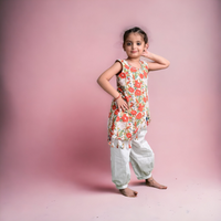 Thumbnail for Two Piece Orange White Cotton Block Print  Kurta With Tassels and Pyjama Set For Girls