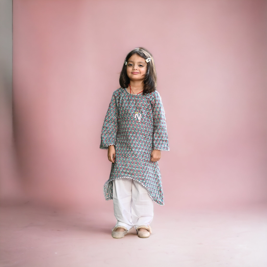 Teal Cotton Block Print Floral Kurta Salwar Set For Girls