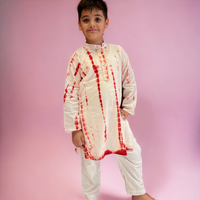 Thumbnail for Red White Tie & Dye Cotton Kurta Pyjama Set For Boys