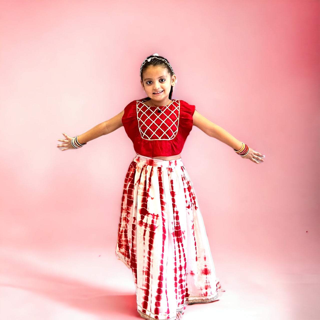 Red White Tie Dye Gota Work Lehenga Skirt Top Set For Girls