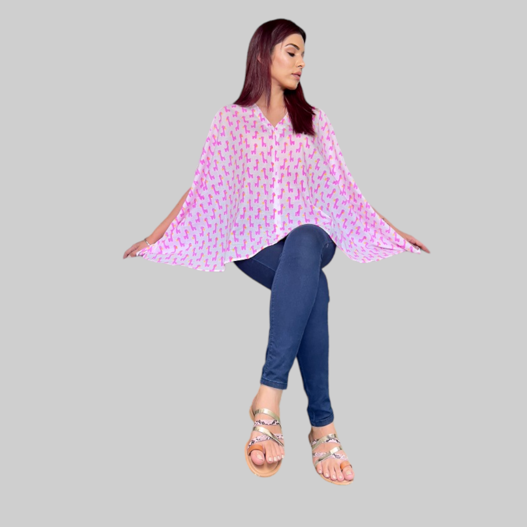 Pink and  White Cotton Hand Block Giraffe Print Free Size Top For Women