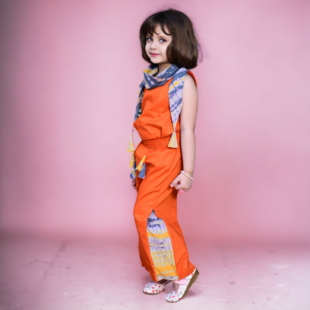 Three Piece Orange Cotton Top & Flared Pant with Grey Shibori Scarf Set For Girls