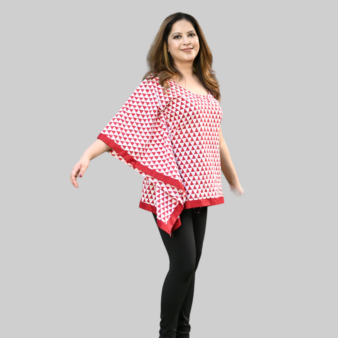 Red & White Cotton Block Print One Side Kaftan Top for Women