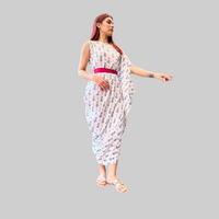 Thumbnail for White And Blue Cotton Block Printed Drape Dress With Pink Belt for Woman