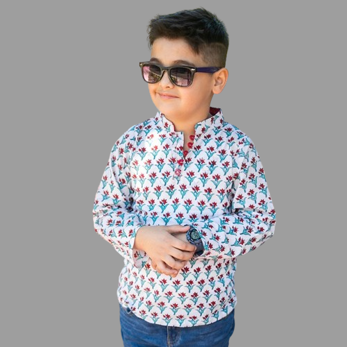 White & Red Cotton Block Print Kurta Style Shirt For Boys