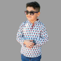 Thumbnail for White & Red Cotton Block Print Kurta Style Shirt For Boys
