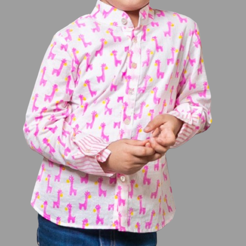Pink Cotton Animal Block Print Shirt For Boys