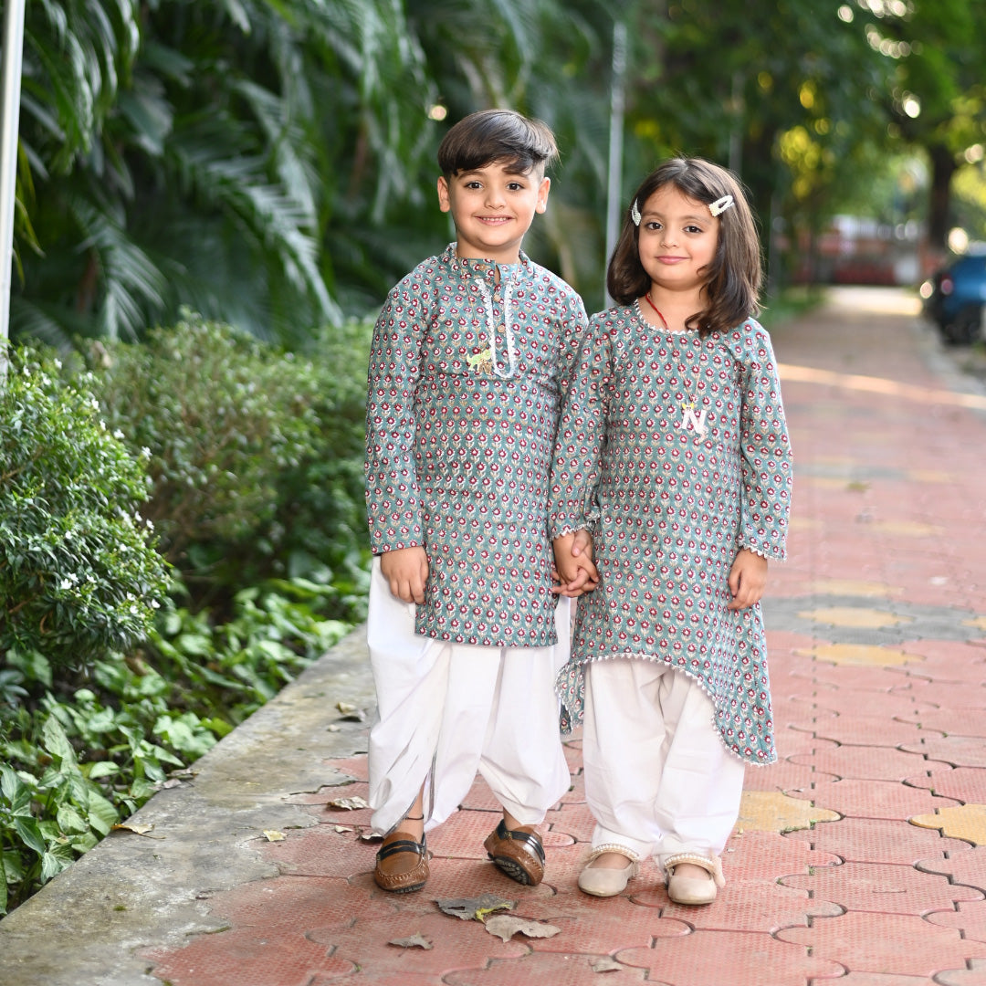 Boy & Girl Cotton Handblock Teal Floral Printed twinning set Duo