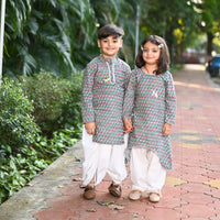 Thumbnail for Boy & Girl Cotton Handblock Teal Floral Printed twinning set Duo