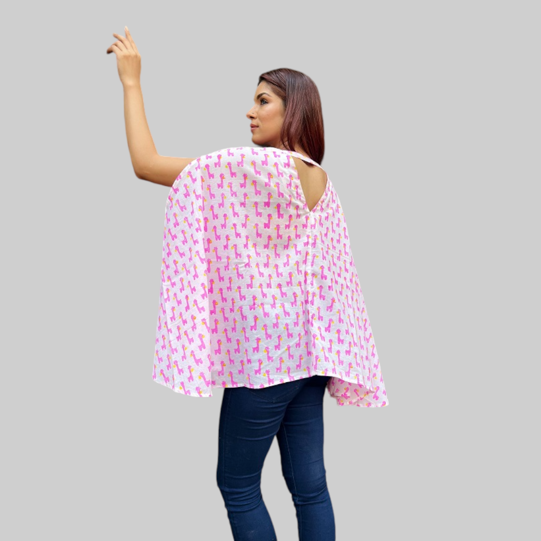 Pink and  White Cotton Hand Block Giraffe Print Free Size Top For Women