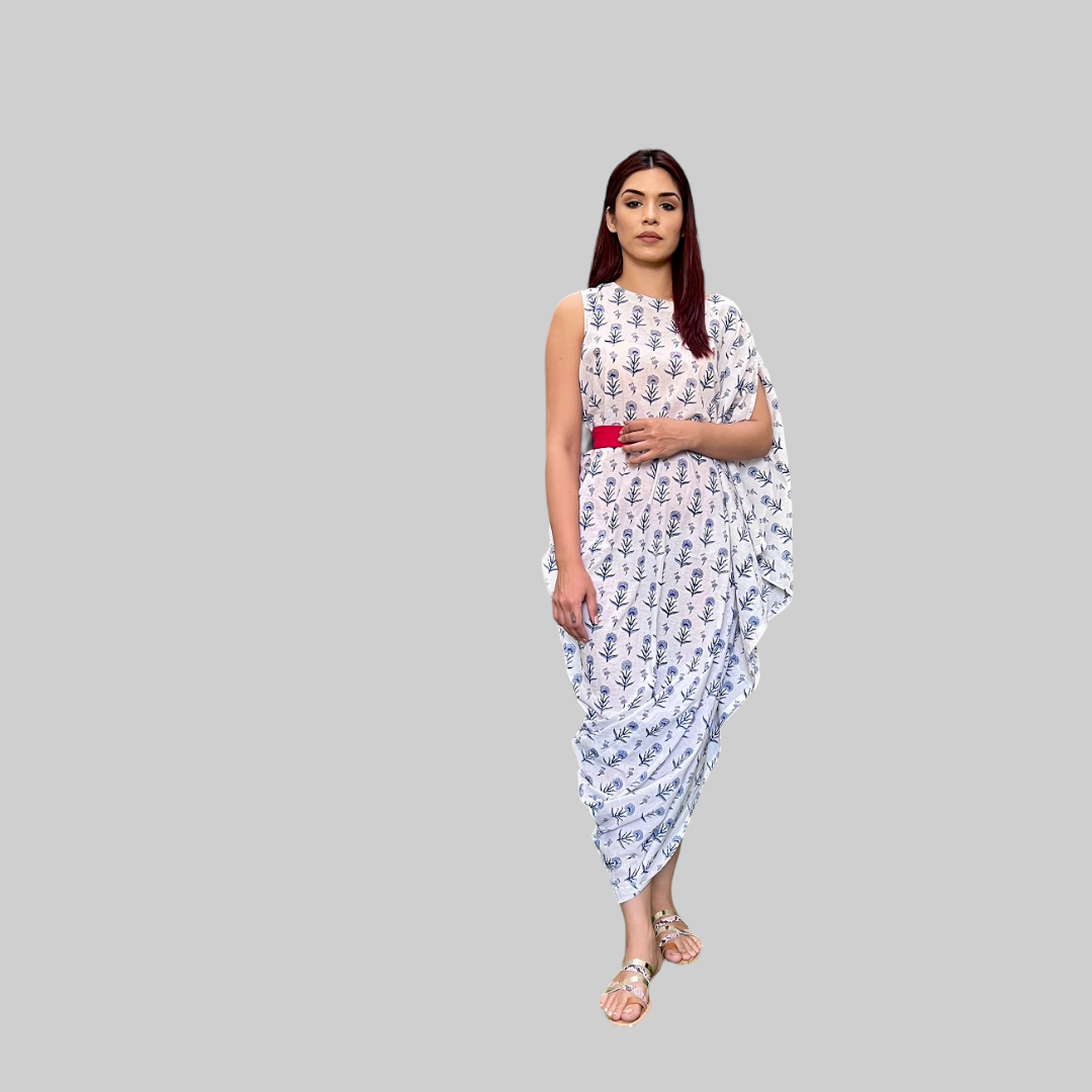 White And Blue Cotton Block Printed Drape Dress With Pink Belt for Woman