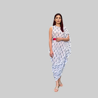Thumbnail for White And Blue Cotton Block Printed Drape Dress With Pink Belt for Woman