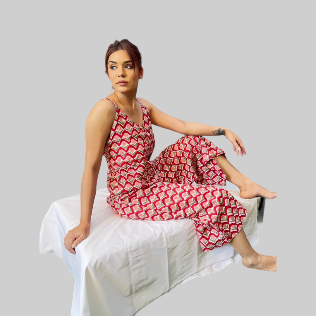 Shop Red Hand Block Printed Pure Cotton Jumpsuit Online. – Indirookh