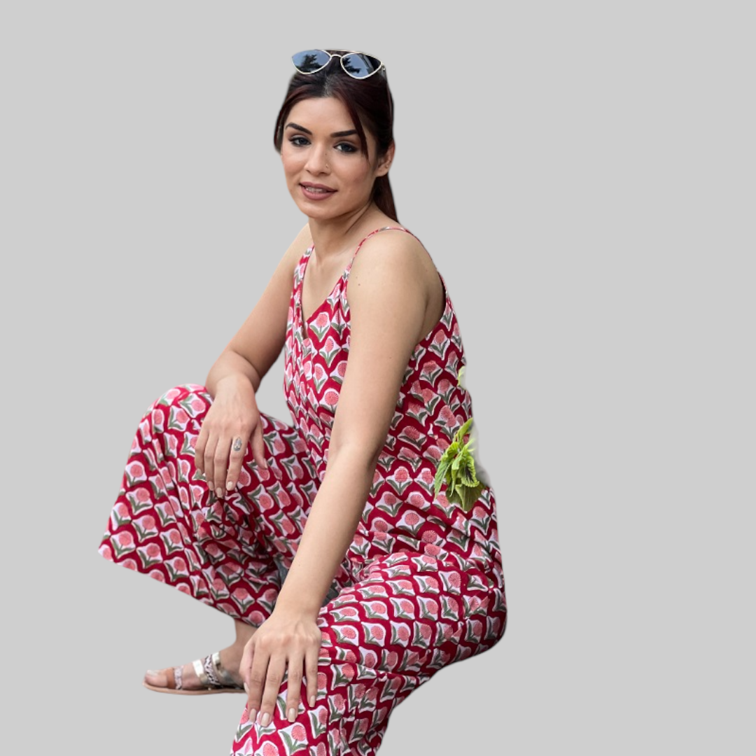 Red Cotton Hand Block Printed Floral Jumpsuit