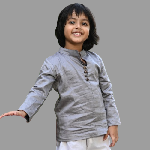 Plain Grey Cotton Kurta Style Shirt For Boys