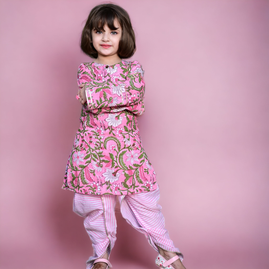 Ice-Cream Pink Cotton Block Printed Traditional Dhoti Kurta Set With Gota Highlights For Girls