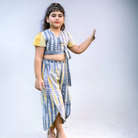 Thumbnail for Two Piece Grey & Yellow Cotton  Shibori Print Palazzo And Crop Top Set For Girls