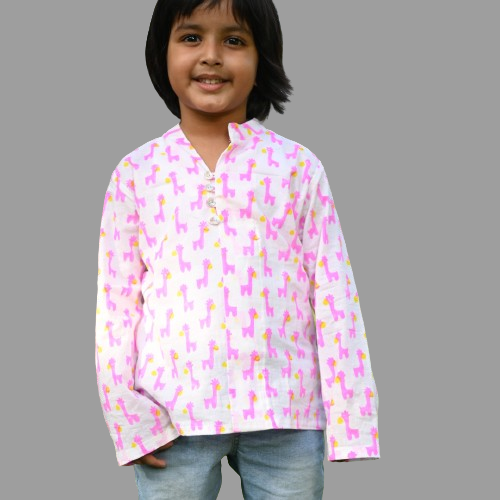 Pink Cotton Block Print Animal Print Kurta Shirt For Boys