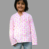 Thumbnail for Pink Cotton Block Print Animal Print Kurta Shirt For Boys