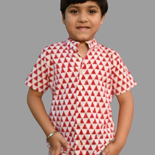 Red & White Cotton Block Print Shirt For Boys
