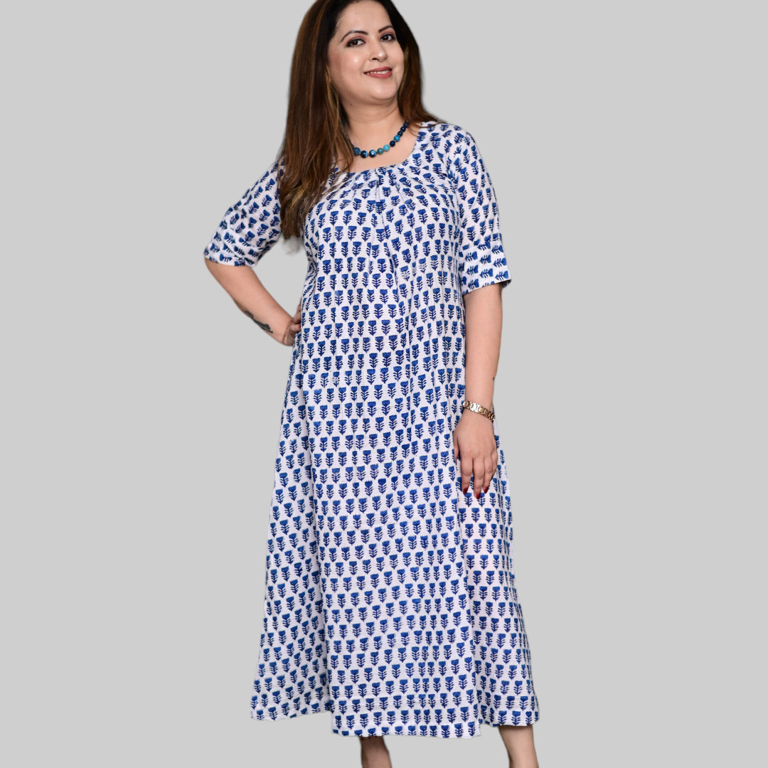 White & Blue Cotton Block Printed Midi Dress for Woman