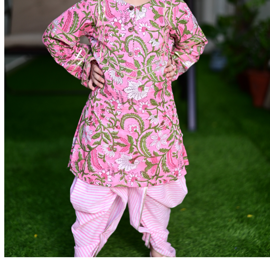 Ice-Cream Pink Cotton Block Printed Traditional Dhoti Kurta Set With Gota Highlights For Girls