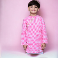 Thumbnail for Pink & White Cotton Block Print Traditional Kurta Pyjama Set For Boys
